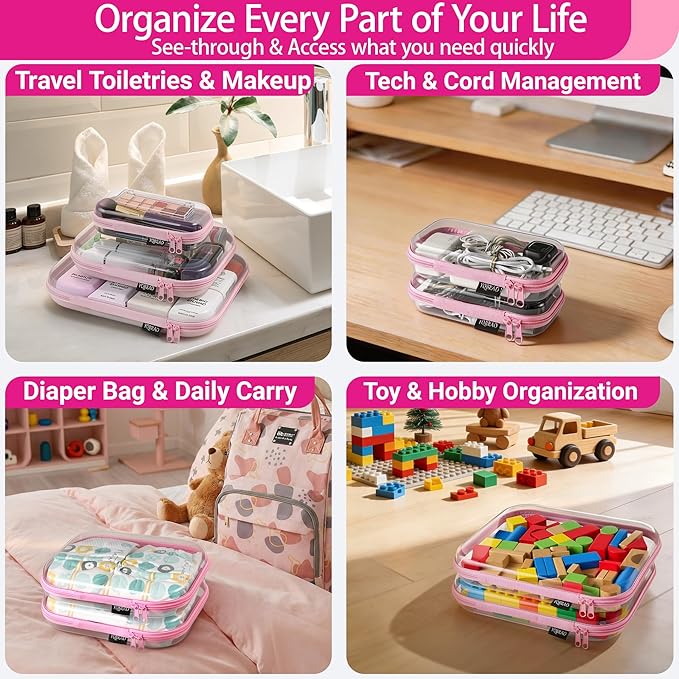 YQBRAO 3-Pack Large Clear Hard Shell Zipper Case, 1.2mm Ultra-Thick Rigid Toy & Closet Organizer, Heavy-Duty Diaper Bag Pouch Set with YKK Zippers, Waterproof Travel Storage (Pink)
