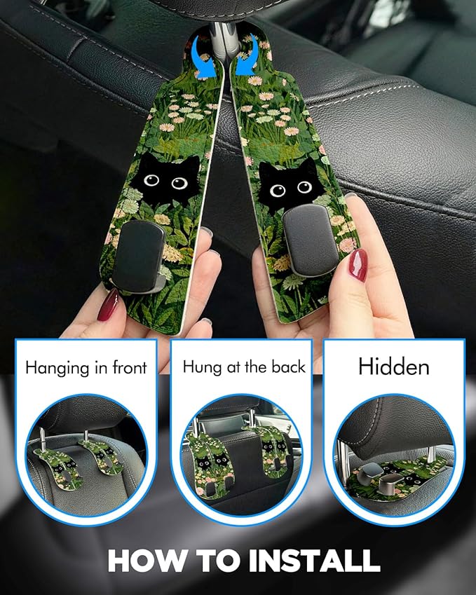 WOCOCN Purse Holder for Car, 2 Pack Heavy Duty Purse Hanger for Car, PU Leather Car Seat Hooks for Purses and Bags, Cute Grass Cat Headrest Organizer for Handbags & Backpacks