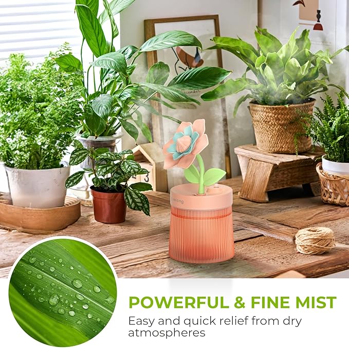 260ml Flower Mini Humidifier, Pink Gardenia Desktop Small Humidifiers, Personal Cool Mist Humidification, USB Desk Humidifier for Bedroom, Office, Travel & Indoor Plants