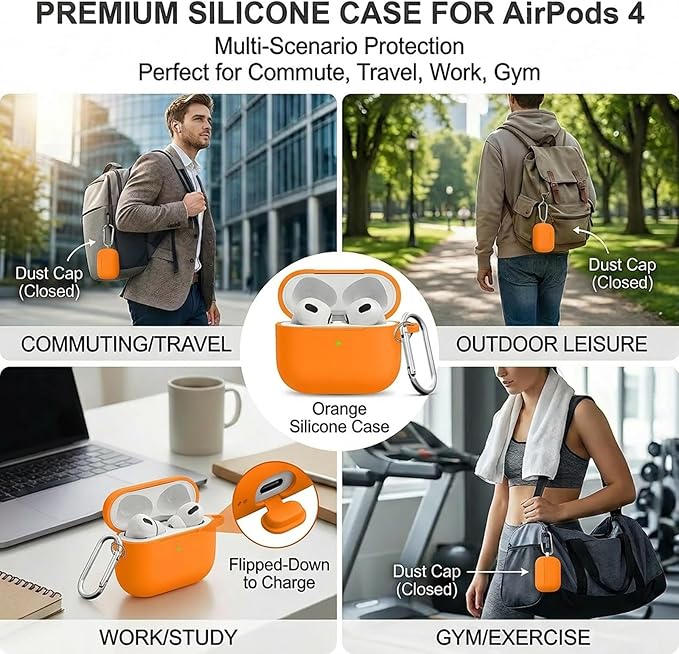 for Airpods 4th Case Cover, Come with Cleaner Kit,Soft Skin Silicone Case Cover with Keychain, Front LED Visibl, Full Protective Case，Compatible with AirPods 4th(Orange)