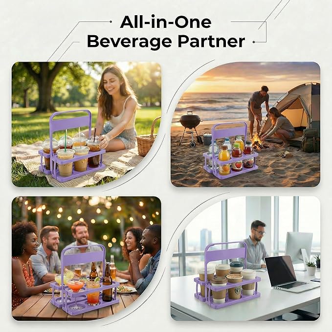 6 Cup Drink Carrier for Delivery - Foldable Drink Holder with Handle, Reusable Cup Carrier for Drinks, Portable Beverage Caddy Accessories for Parties, Camping, Car, Coffee & Bottles (Lavender)