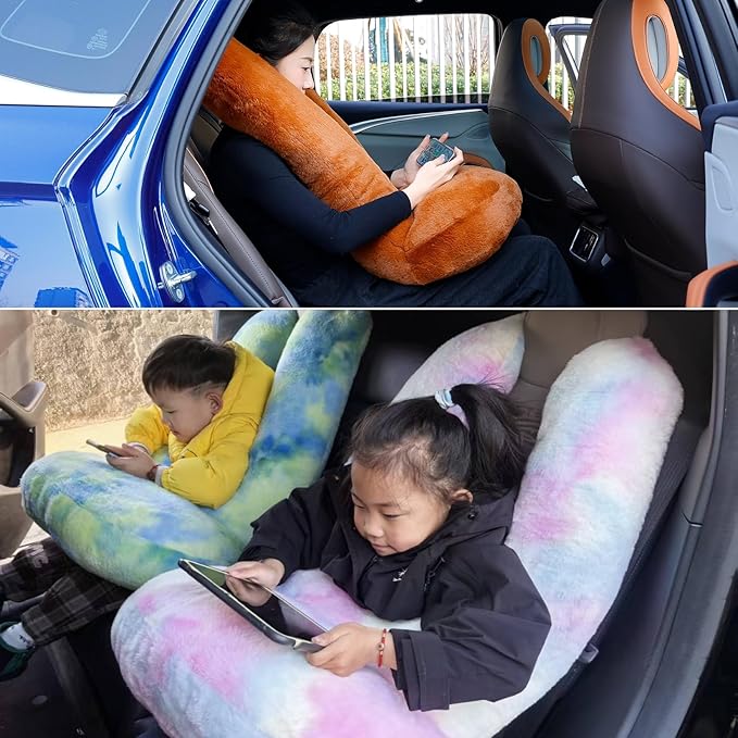 FHSGGP Travel Pillow Car Travel Sleep Support Pillow 2-in-1 Lap Pillow and Car Pillow with Neck and Body Support for Adults and Kids on Long Trips Kids Travel Pillow Brown