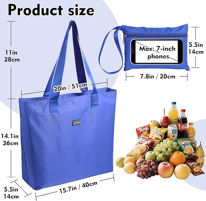 AOTIAN Heavy Duty 20 Liter Reusable Grocery Bags, Thickened Tear-Resistant Polyester Fabric Foldable Machine Washable Shopping Bags, Zipper Closure Water-Resistant Large Tote Bag Travel Gym Beach Bag