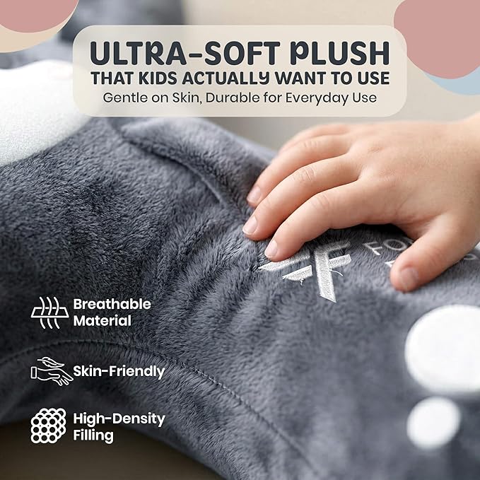 Kids Car Sleeping Pillow - H-Shaped for Neck & Back Support - Hands & Seat Belt Slot - Machine Washable & Compressible - Perfect for Car, Plane, Train, Boat & More - Grey
