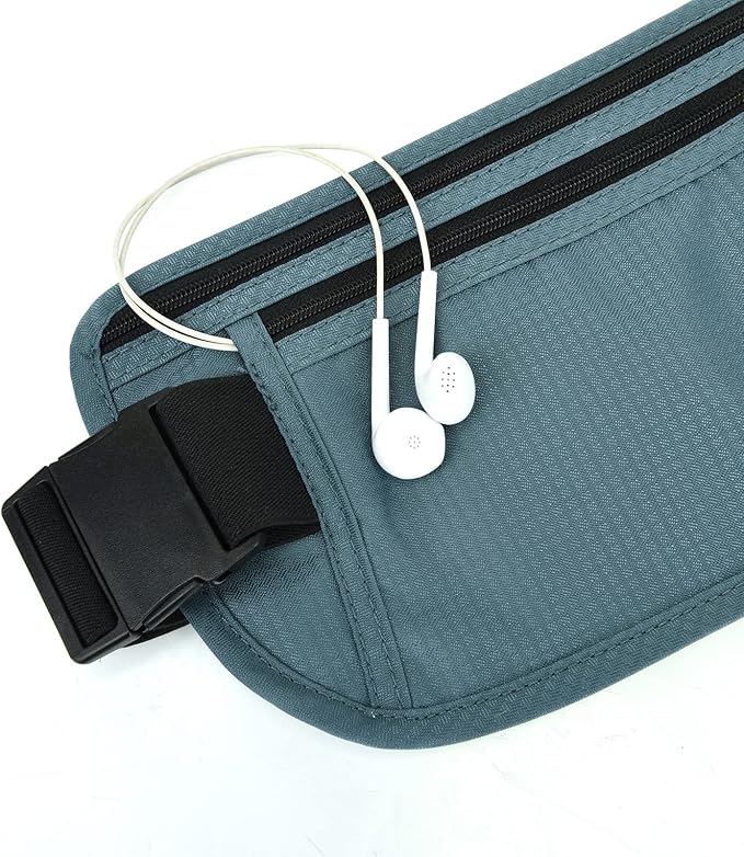 RFID Blocking Money Belt for Men Women, Slim Fanny Pack for Travel，Running,Conceal Waist Wallet for Passport Holder,Phone,Cash(Black Turquoise)