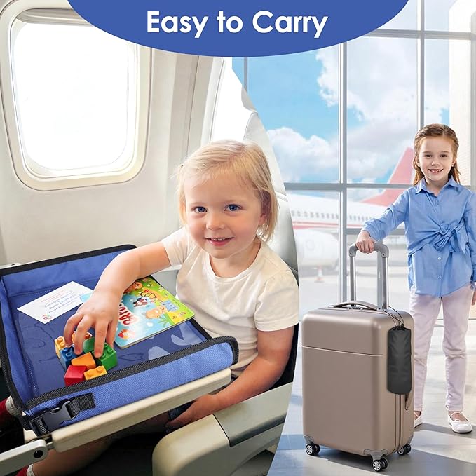 Kids Tray Table Cover, Airplane Tray Cover with Pockets, Airplane Travel Essentials for Kids, Portable Airplane Must Haves for Toddler on Plane or Train and Flying Supplies (Navy Blue)