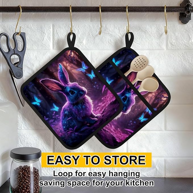 Rabbit and Butterfly Pot Holders with Pockets 2 PCS, Heat Resistant Oven Mitts Hot Pads for Kitchen Baking Cooking, Square Thick Pot Holders Kitchen Hot Potholders, 8.5x10 Inches