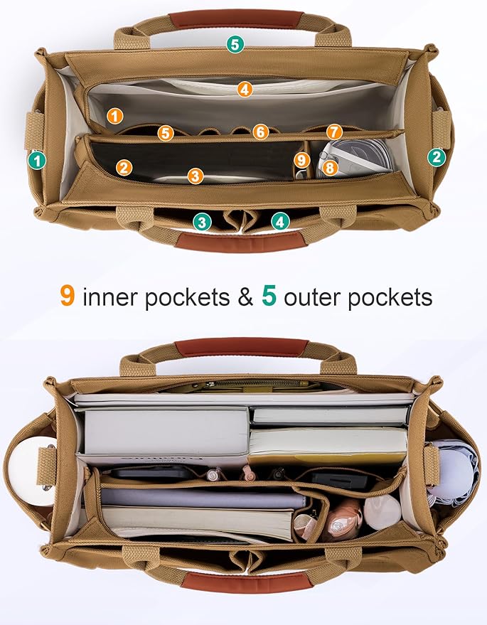 FIORETTO Womens Canvas Tote Bag Purse with Individual Compartment, Zipper Top, Reinforced Bottom & Luggage Sleeve