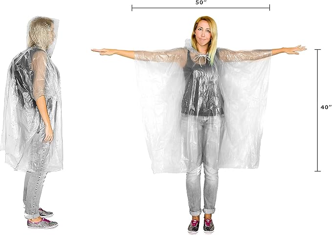 Lingito Clear Emergency Rain Ponchos Adults, Thicker, 100% Waterproof Emergency Camping Rain Poncho, Amusement Parks, Hikes