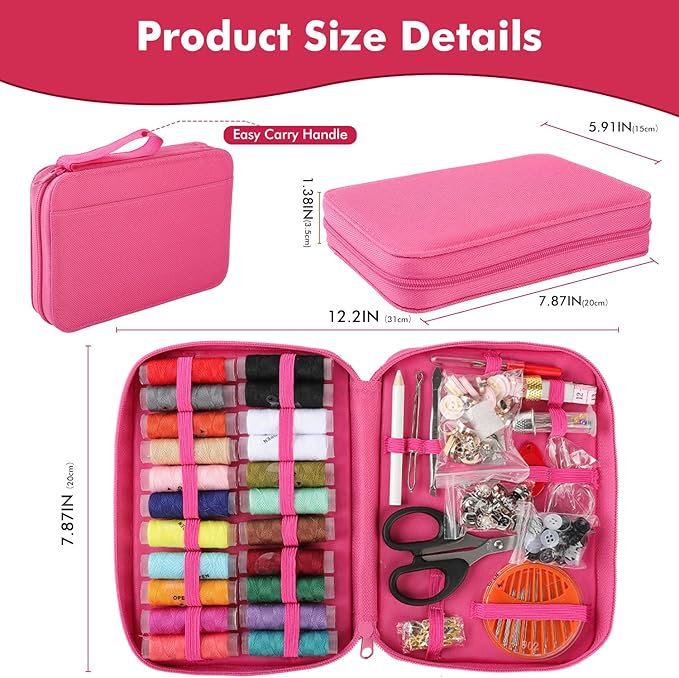 198pcs Sewing Kit for Adults Portable Travel Sewing Set,Dorm Room Essentials for Girls, Including Emergency Repair Tools Such as Needle and Thread, Scissors, Marker pens Needle and Thread kit (Pink)