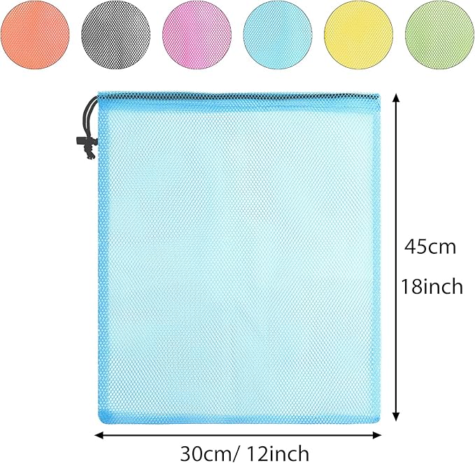 PLULON 6 Pcs Mesh Bag Drawstring Mesh Beach Bags, 18 x 12 Inch Nylon Drawstring Bag for Pool Beach Ball Toys Storage Bag for Collecting Travel Sports Gym (Multicolor)