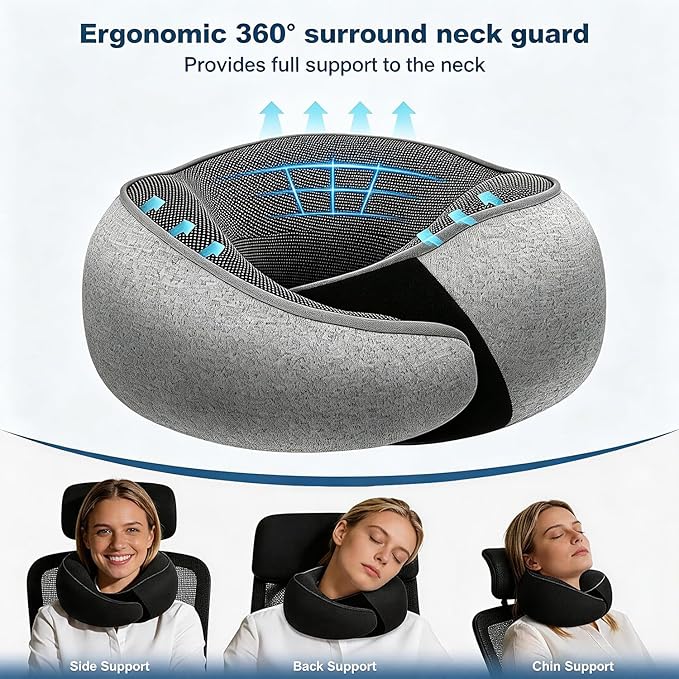Ergonomic Airplane Pillow and Airplane Foot Hammock, Ultra Portable Neck Pillow with 360° Head Support, Portable Travel Foot Rest with Adjustable Strap, Includes Eye Mask & Ear Plugs, for Flight, Car