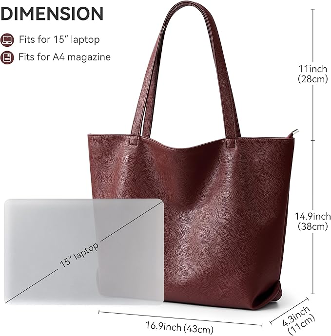 WLLWOO Soft Vegan Leather Tote Bag for Women Large Casual Hobo Handbags Zipper Shoulder Work Daily Weekender Travel Purse