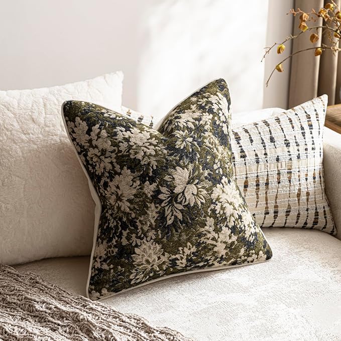 DEZENE Pack of 2 Vintage Floral Euro Sham Covers 24x24 Boho Farmhouse Accents Chenille Square Decorative Throw Pillow Cases for Living Room Couch Bed Home Decor, Olive Green