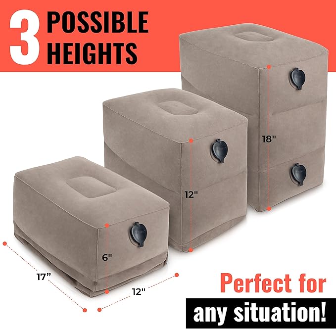 Koala Kloud 3 Height Travel Foot Rest - 2-Pack | Gray Inflatable Foot Rest Pillow, Airplane Footrest for Flights, Car Seat Foot Rest, Airplane Bed for Toddler Airplane Travel Essentials Kids Accessory