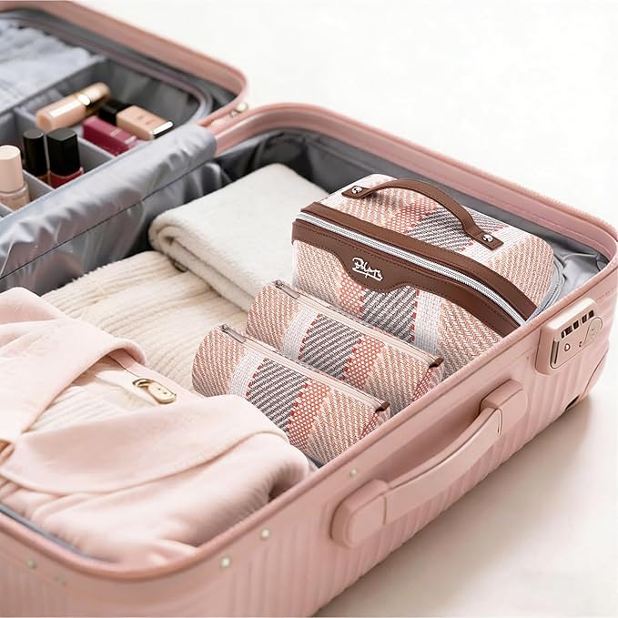 BOYATU Travel Makeup Bag Cosmetic Bag for Women: 3 Pcs Set Make up Bag with Compartments - Waterproof Vegan Leather Toiletry Bags with Handle - Makeup Organizer for Travel Essentials(C-5-Coffee)
