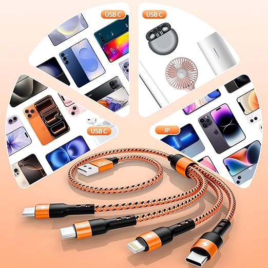 Travel Essentials, 4 in 1 Multi Charging Cable 3 USB C Chargers for iPhone 17, Multi Charger Cord with 3 Type C/IP, Compatible for iPhone 17 to 11, Android, Galaxy, iPad, Data Sync, 5 FT