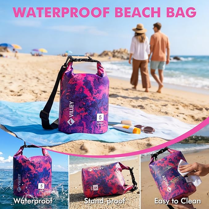 VILLEY Dry Bag Waterproof 5L Roll Top Storage Backpack, Keeps Gear Dry Lightweight Backpack for Kayaking Boating Camping Swimming and Beach Accessories Purple Camo