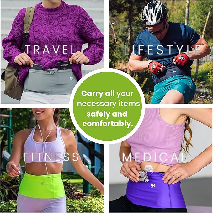 StashBandz No-Bounce Running Belt for Women & Men – Phone Holder Fits All Phones, 4-Pocket Slim Fanny Pack with Zipper – Travel Money Belt Waist Pack for Running & Workout