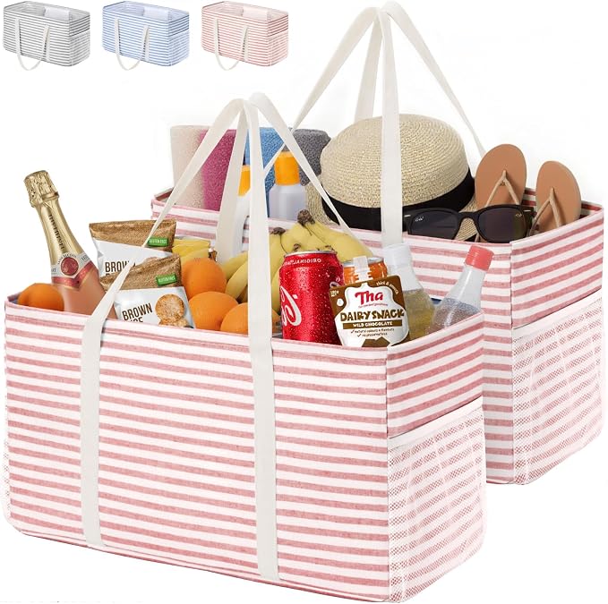 Lifewit Extra Large Tote Bag, Reusable Grocery Bags with Metal Wire Frame and Handles, Standing Utility Foldable Shopping Bags for Storage, Picnics, Beach, Laundry, Car, 46L, 2 Pack, Pink