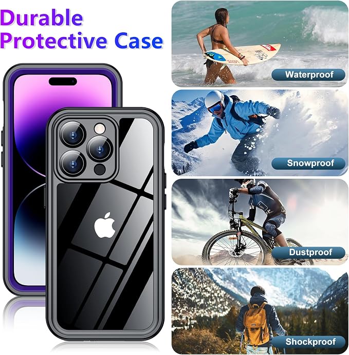 Compatible with iPhone 14 Pro Max Case Waterproof, Built-in Screen & Camera Protector IP68 Underwater Full Body 14FT Military Dropproof Shockproof Phone Case 6.7"-Purple/Clear