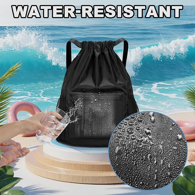 Tygelluis Drawstring Backpack, Waterproof Gym Bag with Water Bottle Pocket for Women Men, Pull String Sport Bag for Swim, Soccer and Basketball,Black