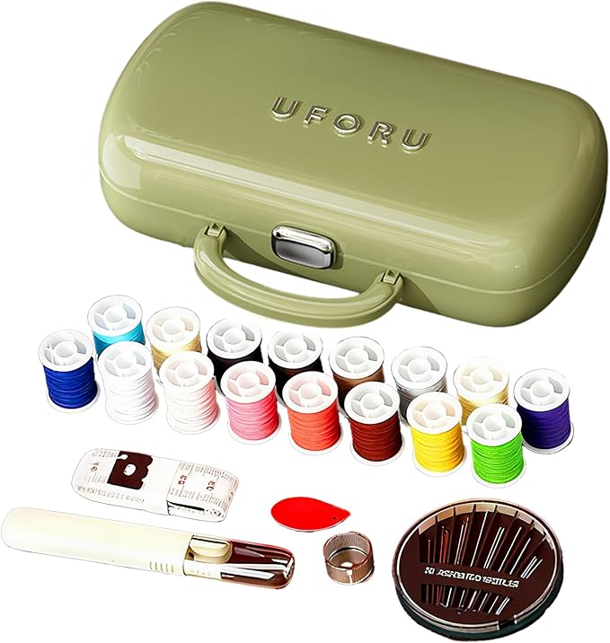 FKOG Retro Green Sewing Project Kit, 151 Pcs Sewing Kit with Portable Retro Hard-Shell Case, 18 Multicolor Thread Spools, Needles, Buttons, and Accessories (Used Green)