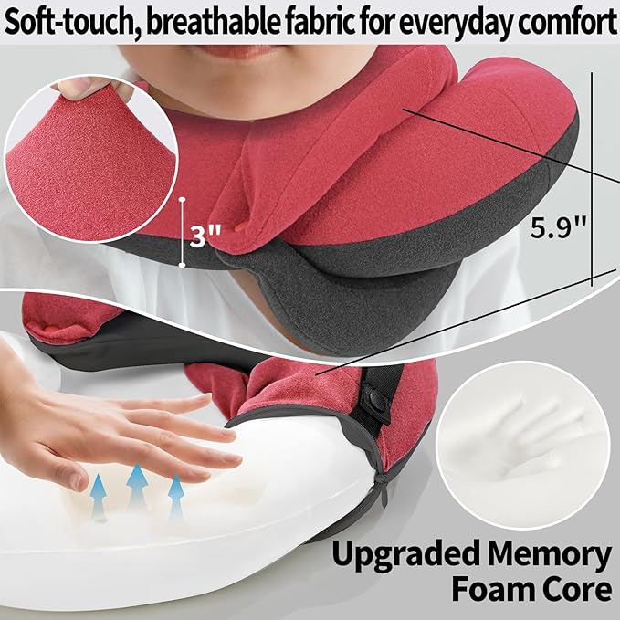 BUYUE Kids Travel Pillows for Airplane, Memory Foam 360° Head Support Sleeping Essentials for Girls Long Flight, Skin-Friendly Soft Neck Pillow for Traveling in Car Seat, (Small, Pink Grey, 40-90 lbs)