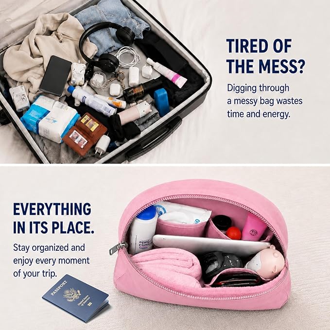 Travel Blanket Airplane Compact with Bag, Soft 40" x 60" Blanket with Luggage Strap & Underseat Personal Item Organizer for Flights, Home & Office, Pink