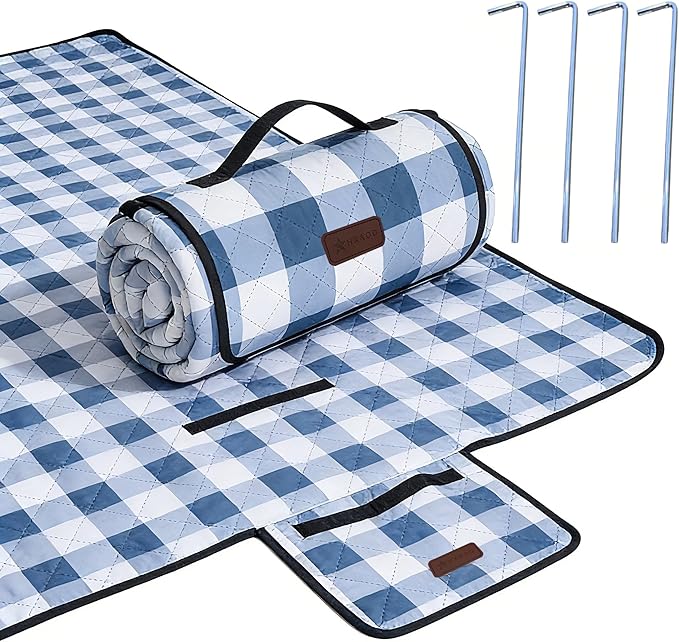 HX&OD Outdoor Picnic Blanket, Extra Large, 80''x80'' Waterproof Foldable Blankets Gingham Picnic Mat for Beach, Camping Grass Lawn Park Accessories Cute Couple Ideas Wedding (Blue, 80”x80”)