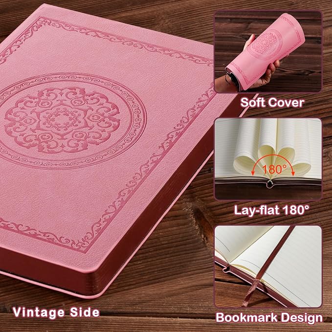 Fetinar 2026 Leather Vintage Journal Notebook,300 Pages,Leather Softcover Lined Journal Notebooks for Women Men,Notebook Journals for Writing Travel,Business,Office,5.7'' X 8.3'',Pink