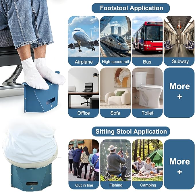 Portable Airplane Foot Rest, Foldable Foot Rest for Air Travel and Under Desk, Versatile Footrest and Stool for Long Flight, Home and Office(Blue) (Blue)