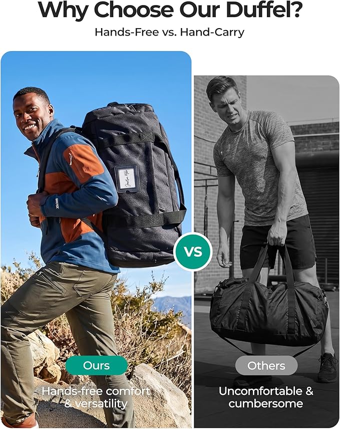 BAGSAMRT 85L Foldable Duffle Bag for Travel, Large Travel Duffel Bag for Men, 4 in 1 Travel Backpack, Carry on Weekender Bag, Black