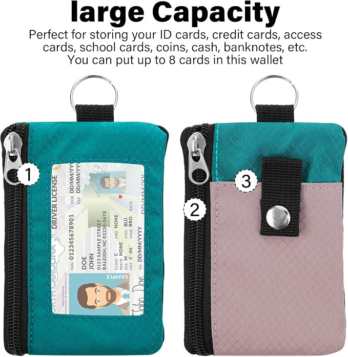 Minimalist RFID Wallet with Lanyard, Multi-Functional ID Case with 2 Zipper Pockets and Key Chain for Men and Women, Tactical Badge Pouch Cards Holder, Coin Purse for Travel - Peacock&Pink
