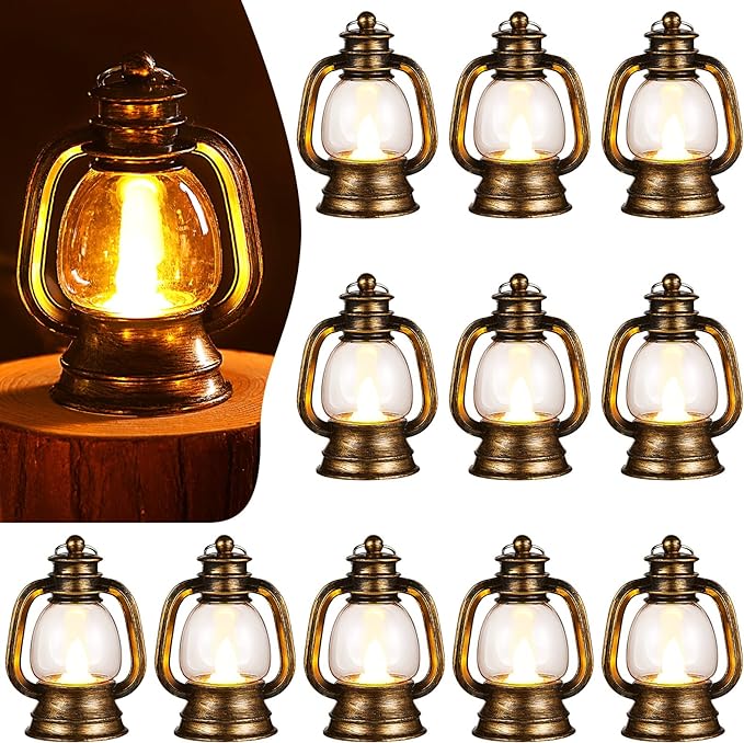 Ferraycle 12 Pcs Mini Lantern Decor 4 Inch Western Lantern Table Centerpiece Small Vintage Camping Hanging Lamp Ornaments Bulk for Cowboy Cowgirl Wedding Halloween Christmas (4 Inch,Retro Gold)