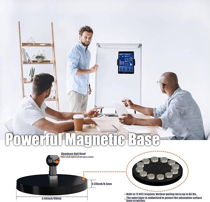 Magnetic Tablet Holder Fridge Tablet Mount for Cabinet Whiteboard Gym Warehouse and More fits 4.7-12.9 inch Phones and Tablets, 360°Adjustable 3.5" Magnetic Base