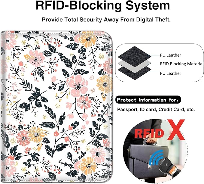 Passport Wallet, Passport Holder with RFID Blocking and Luggage Tag, Waterproof PU Leather Travel Documents Organizer Case, Passport Covers with Card Slot for Women & Men, Flower Pattern Passport Book