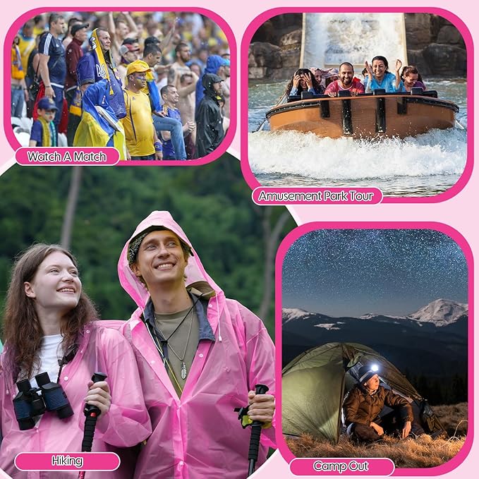 Rain Ponchos for Adults Reusable Rain Coats with Hood and Drawstring Thicken Ponchos Waterproof for Women(Pink)