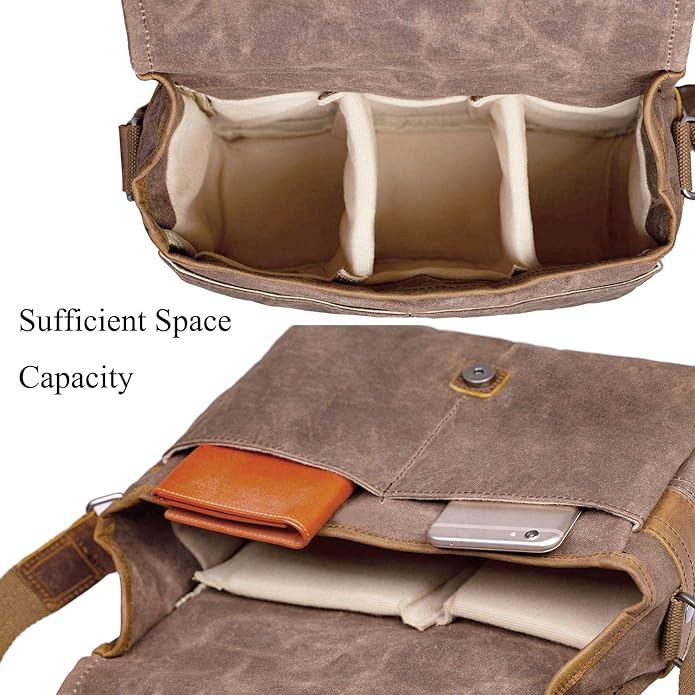 SLR Camera Bag, Waterproof Wax Canvas Bag Vintage Camera Case Messenger Bag with Interlayer Pad