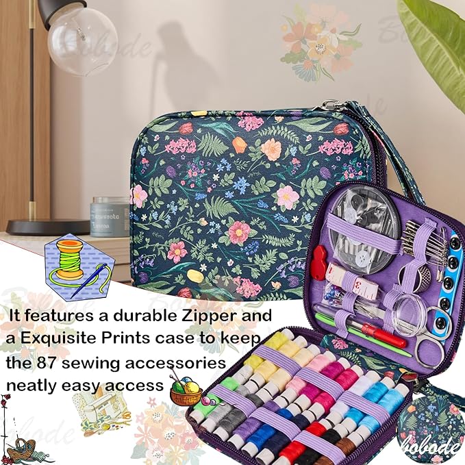 Bobode Travel Floral Basic Sewing Kit for Adults | Printing Tulips Pattern Sewing Kit with Sewing Thread,Professional Sewing Supplies for Beginners,Emergency,Arts Craft DIY