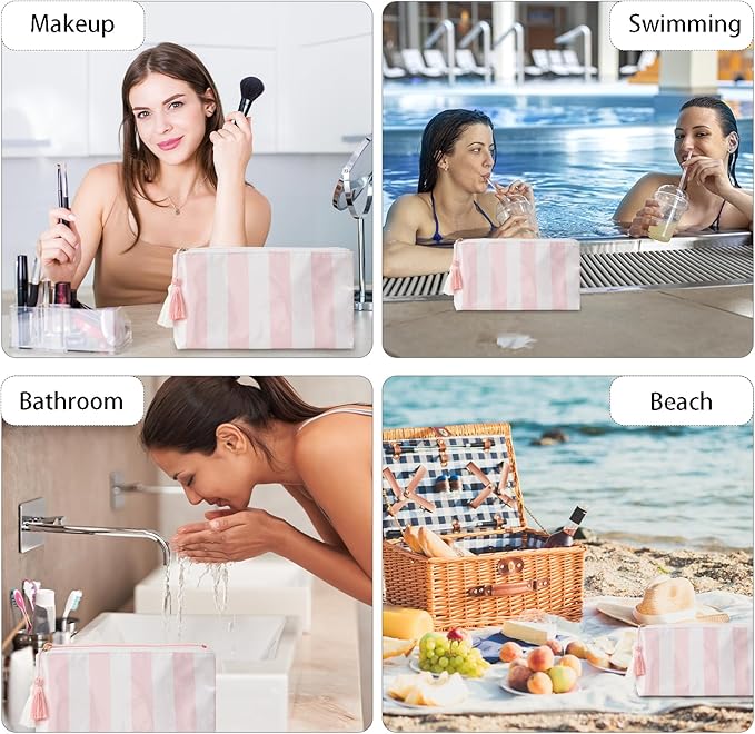 DYSHAYEN Makeup Bags for Purse,Small Clear Coated Cosmetic Bags for Women Girls, Waterproof Travel Organizer Zipper Pouch Beach Vacation Essentials (White-Pink)