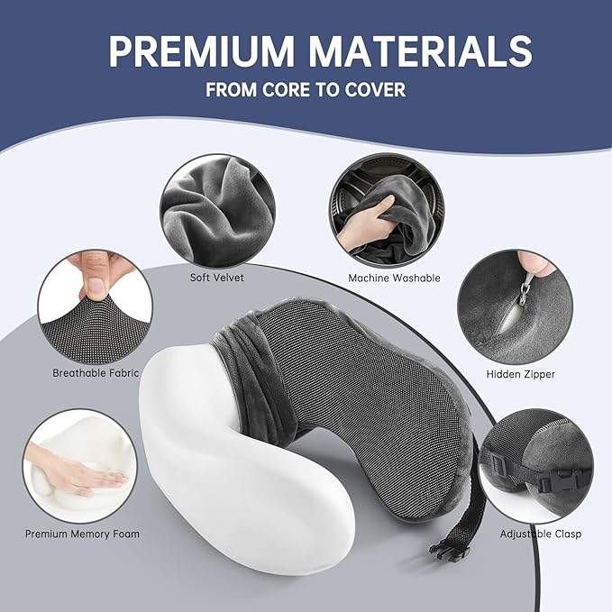 Neck Pillow Travel Pillow - 100% Pure Memory Foam Airplane Pillow with Adjustable Clasp & Removable Cover, Portable Travel Essentials for Long Flights, Car & Office (Dark Gray)