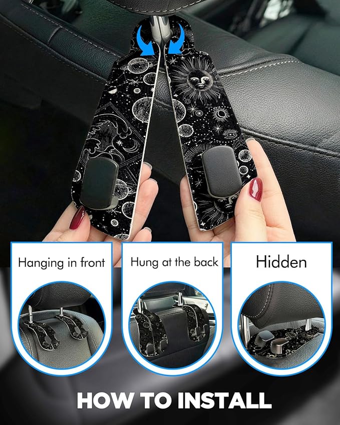 WOCOCN Purse Holder for Car, 2 Pack Heavy Duty Purse Hanger for Car, PU Leather Car Seat Hooks for Purses and Bags, Cute Moon Headrest Organizer for Handbags & Backpacks