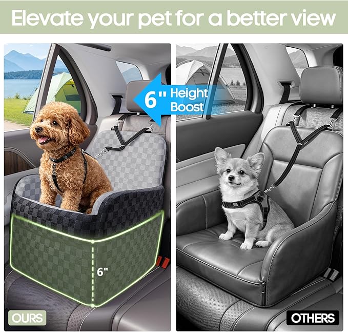 Waterproof Dog Car Seat for Small/Medium Dogs up to 26 lbs, Memory Foam Booster Seat Elevated 6in, Pet Car Seat with Removable Washable Cover, Y-Shape Safety Belt and Storage Pockets
