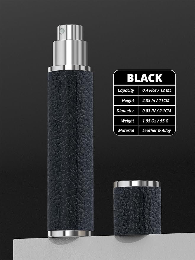 12ml Genuine Leather Perfume Atomizer Refillable, Portable Mini Cologne Sprayer with Magnetic Cap & 3 Refill Tools, Luxury Travel Size Fragrance Spray Bottle for Men & Women (Black)