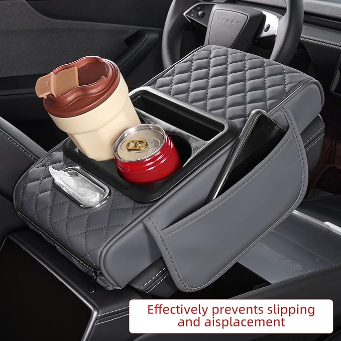 5 in 1 Car Center Console Cover, Armrest Pad with 2 Storage Pockets, Cup Holder, Tissue Slot, Phone Holder, Nappa Leather Memory Foam Car Accessories for SUV Sedan Truck (Gray)