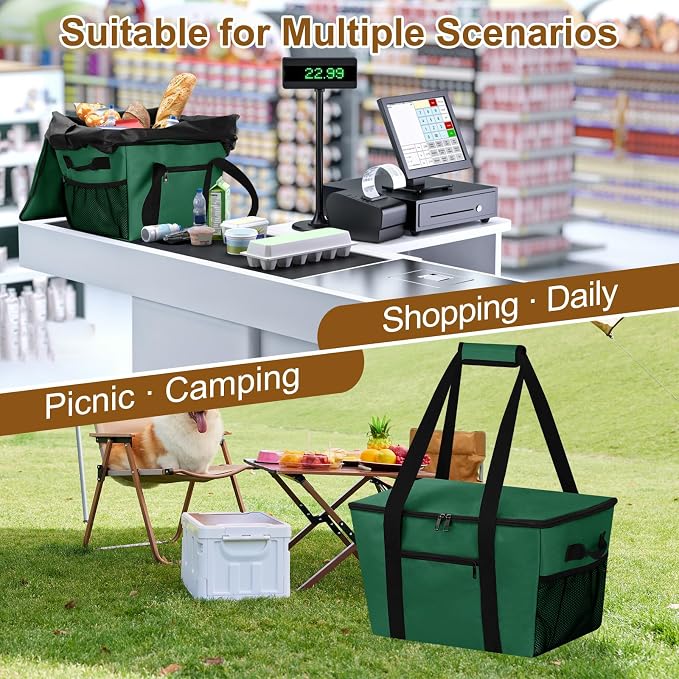 Reusable Grocery Bag – Expandable Insulated Cooler Bag with Bottom Board, Collapsible Insulated Shopping Bag with Zipper & Drawstring, Heavy Duty Tote Bag for Shopping, Delivery, Picnic, Beach