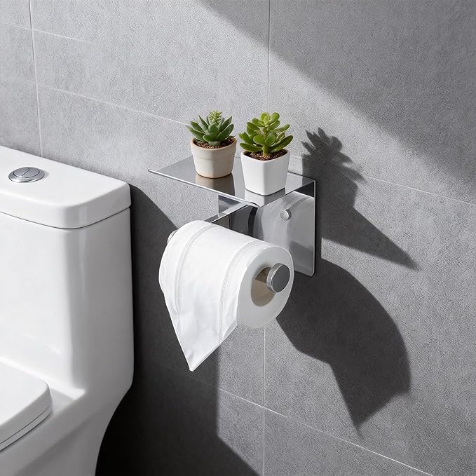 Toilet Paper Holder with Shelf, Heavy-Duty Stainless Steel Bathroom Hardware, Self-Adhesive No-Drill/Drill-Mount Wall-Mounted Roll Holder, Rust-Proof Bathroom Tissue Rack (Chrome)