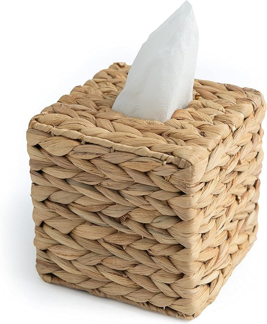 KOLWOVEN Tissue Box Holder - Square- Rattan Wicker Tissues Cube Box Cover -Boho Decorative Woven Facial Tissue Holder on Table and Barthroom (Square)