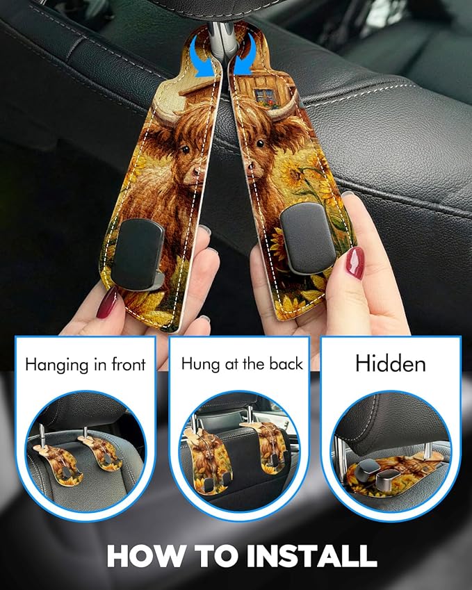 WOCOCN Purse Holder for Car, 2 Pack Heavy Duty Purse Hanger for Car, PU Leather Car Seat Hooks for Purses and Bags, Cute Cow Headrest Organizer for Handbags & Backpacks